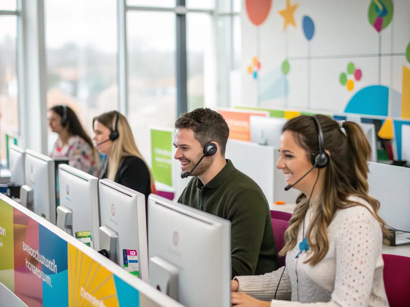 A brightly lit, modern office space filled with customer support representatives assisting clients via phone and computer, showcasing a professional and efficient environment.