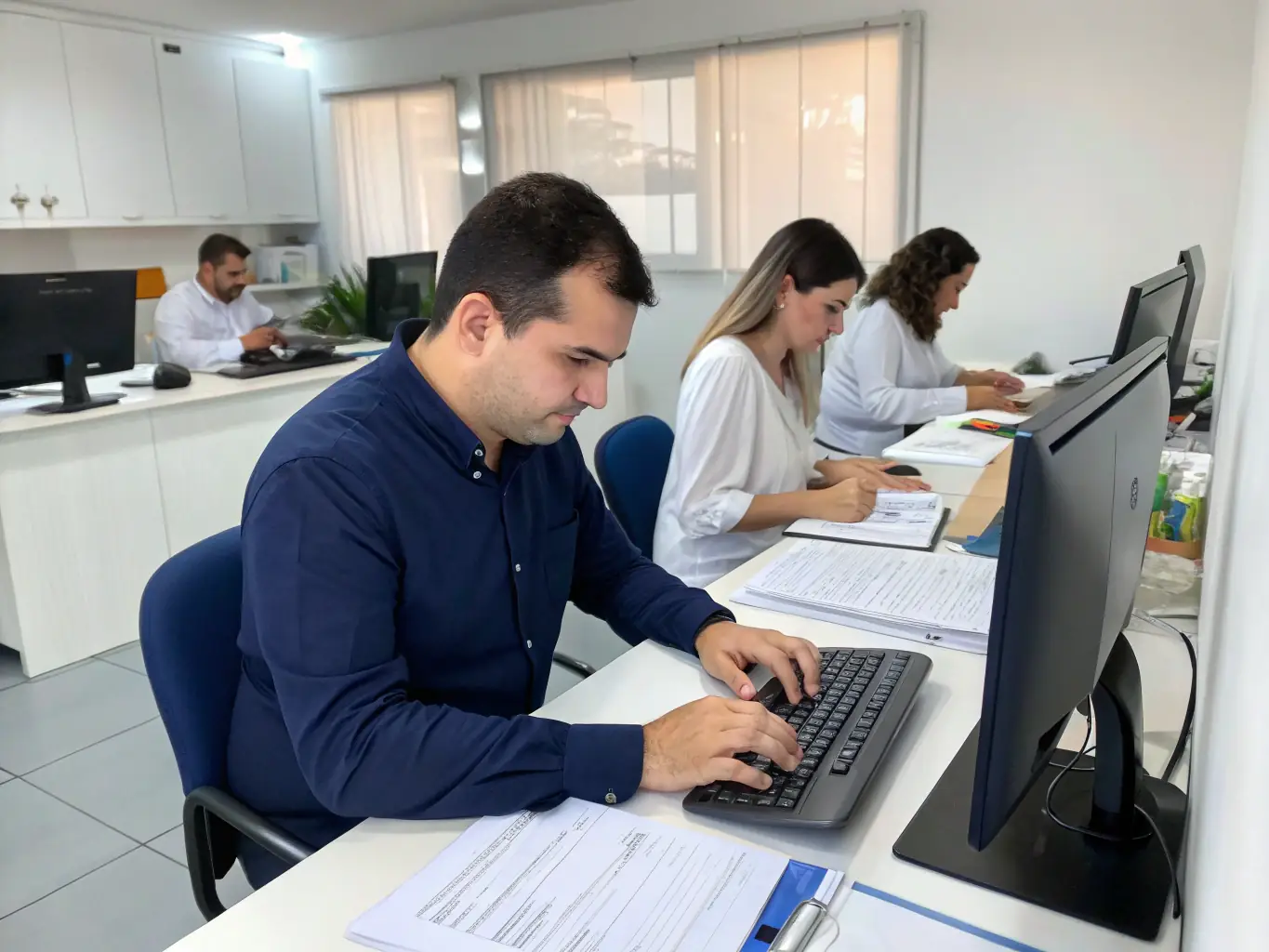 A clean and organized back-office environment with staff efficiently managing data entry and document processing, emphasizing accuracy and security.
